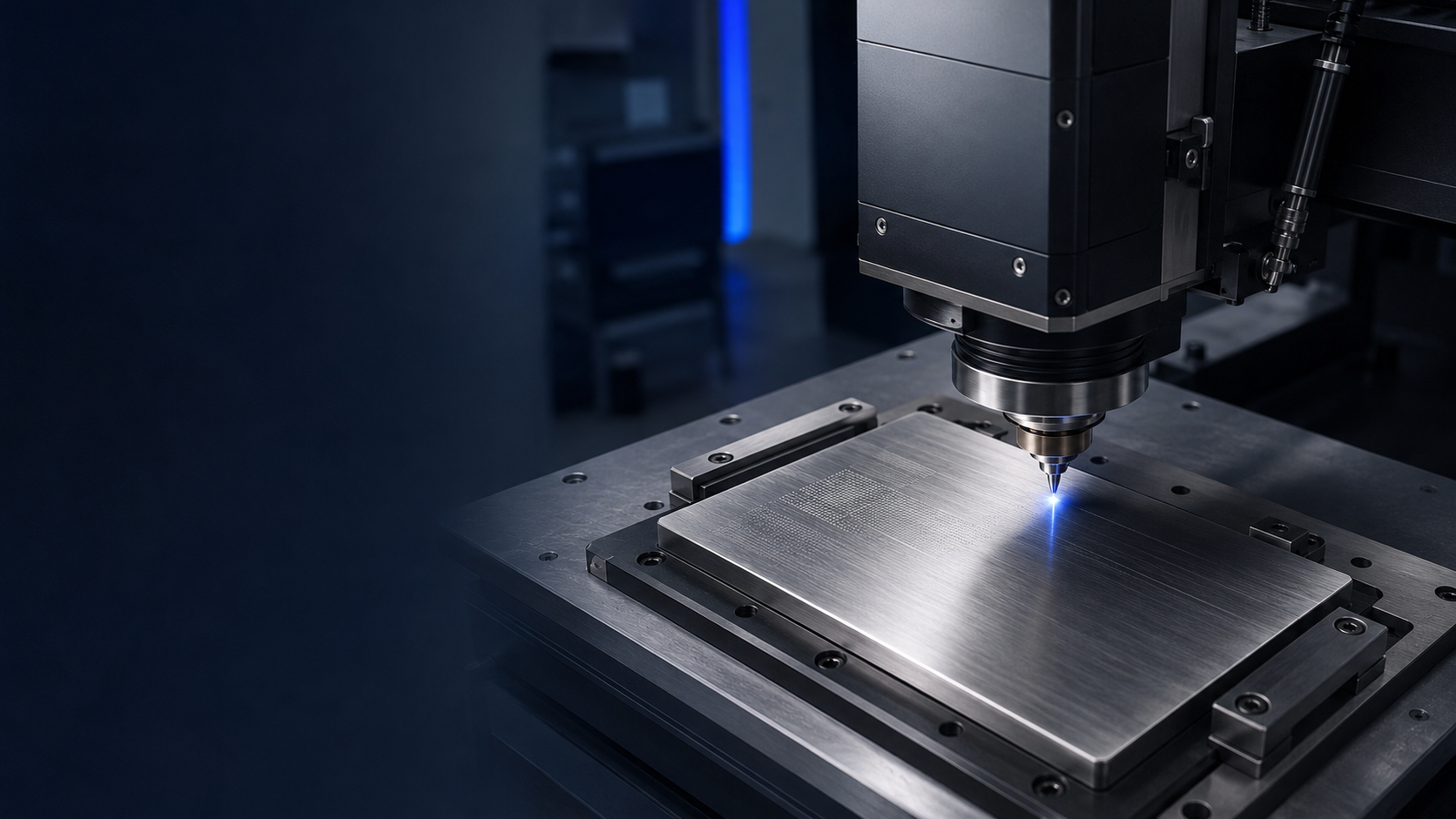 Fiber laser engraving a permanent mark on a brushed metal equipment plate